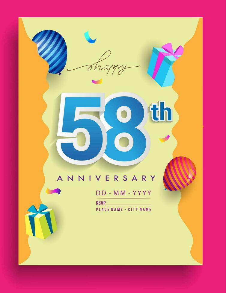 58th Years Anniversary invitation Design, with gift box and balloons, ribbon, Colorful Vector template elements for birthday celebration party.