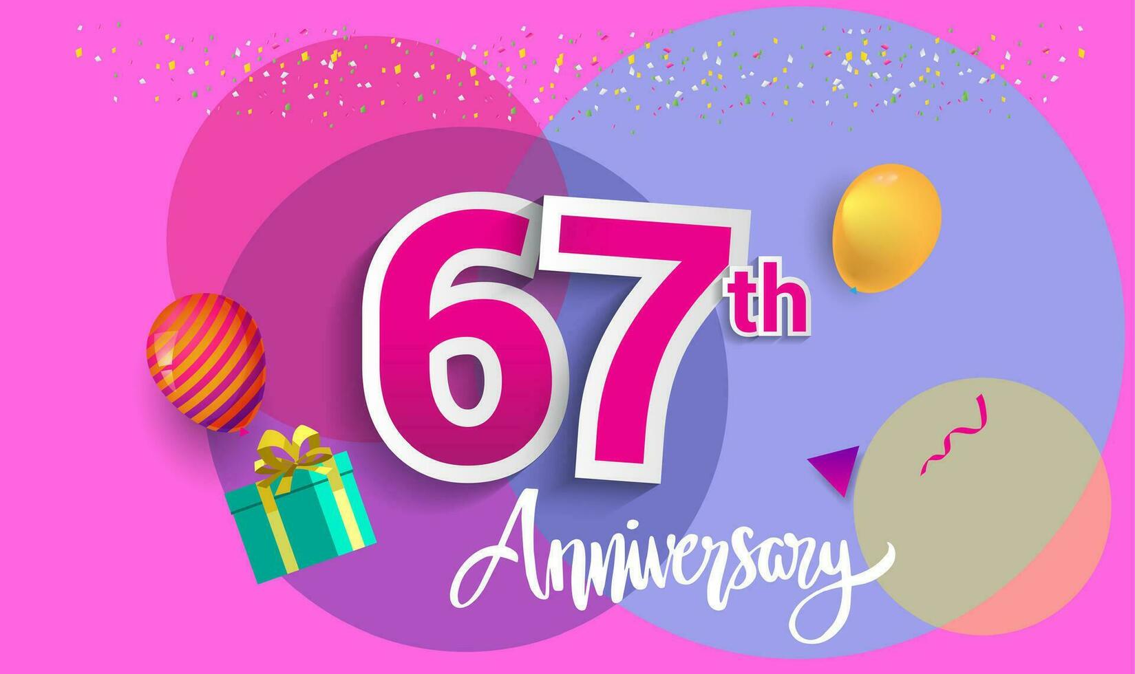 67th Years Anniversary Celebration Design, with gift box and balloons, ribbon, Colorful Vector template elements for your birthday celebrating party.