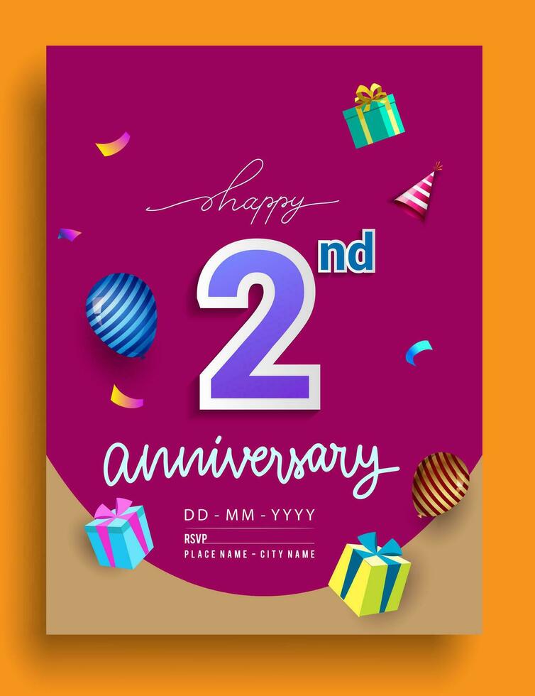 2nd Years Anniversary invitation Design, with gift box and balloons, ribbon, Colorful Vector template elements for birthday celebration party.