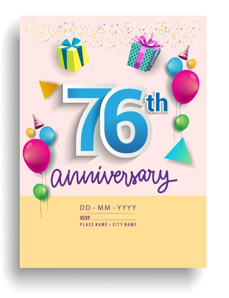 76th Years Anniversary invitation Design, with gift box and balloons, ribbon, Colorful Vector template elements for birthday celebration party.
