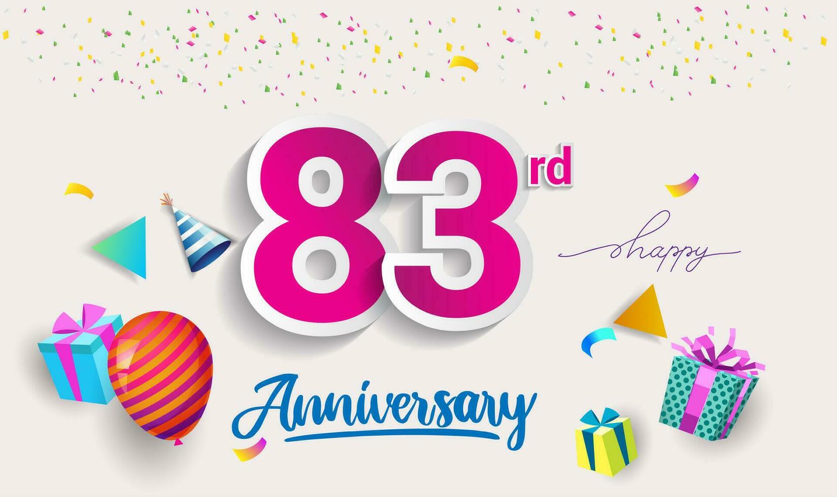 83rd Years Anniversary Celebration Design, with gift box and balloons, ribbon, Colorful Vector template elements for your birthday celebrating party.