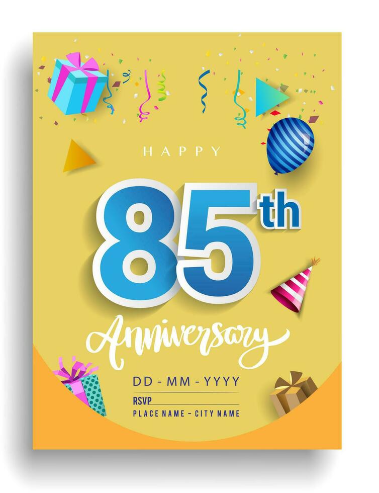 85th Years Anniversary invitation Design, with gift box and balloons, ribbon, Colorful Vector template elements for birthday celebration party.