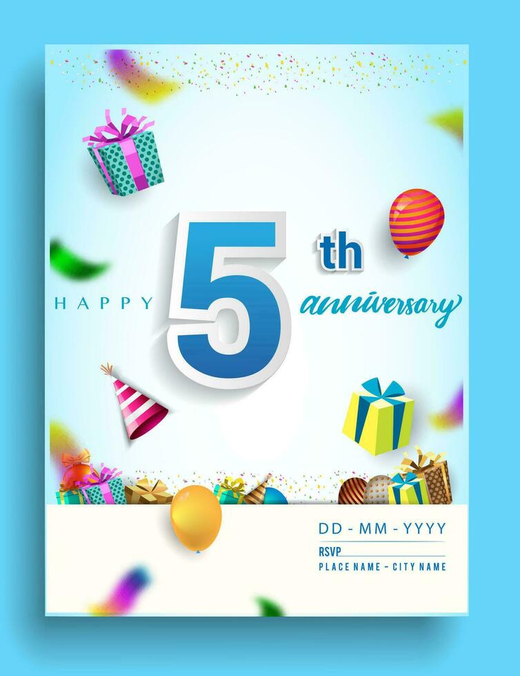 10th Years Anniversary invitation Design, with gift box and balloons, ribbon, Colorful Vector template elements for birthday celebration party.