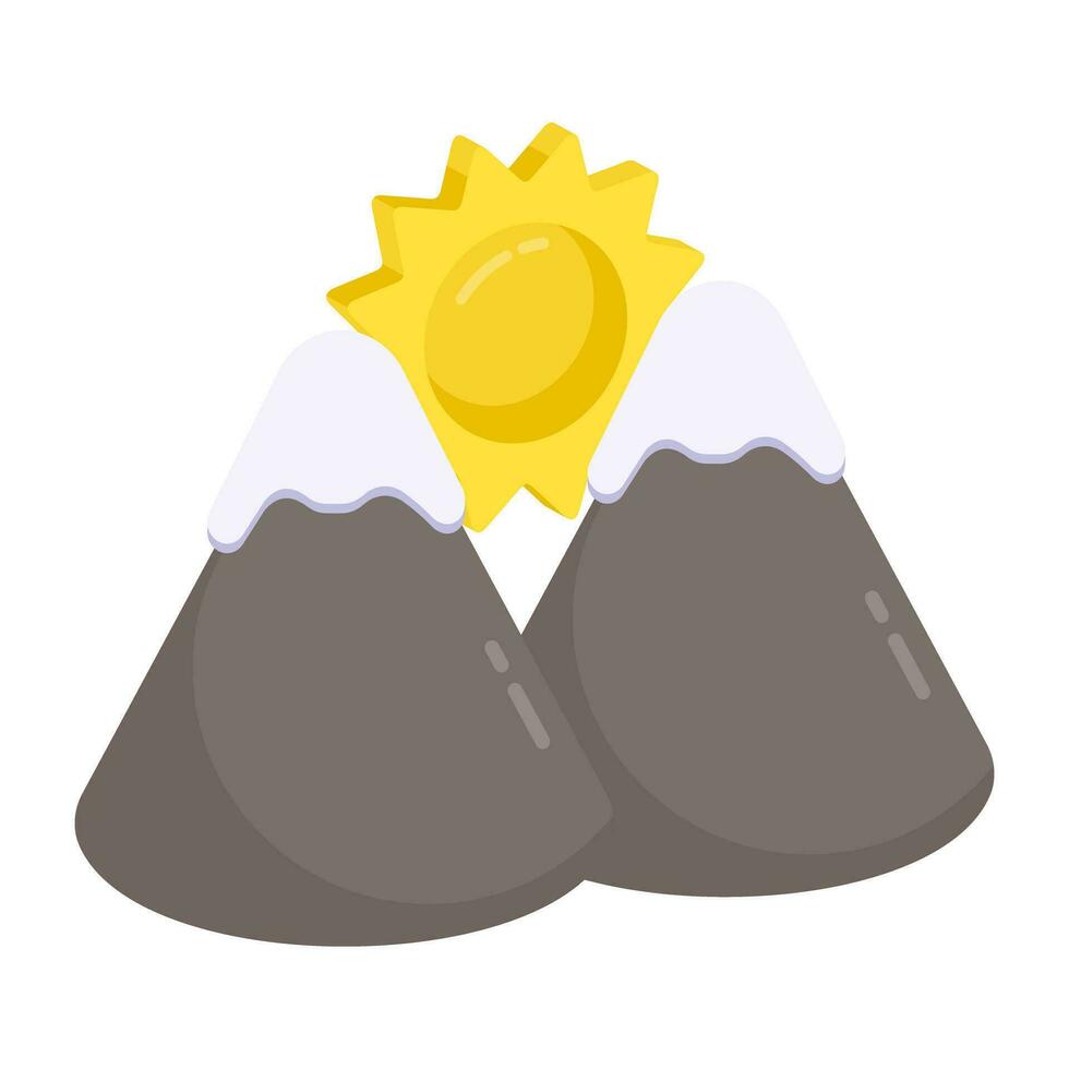 A unique design icon of mountains with sun showcasing hills weather vector