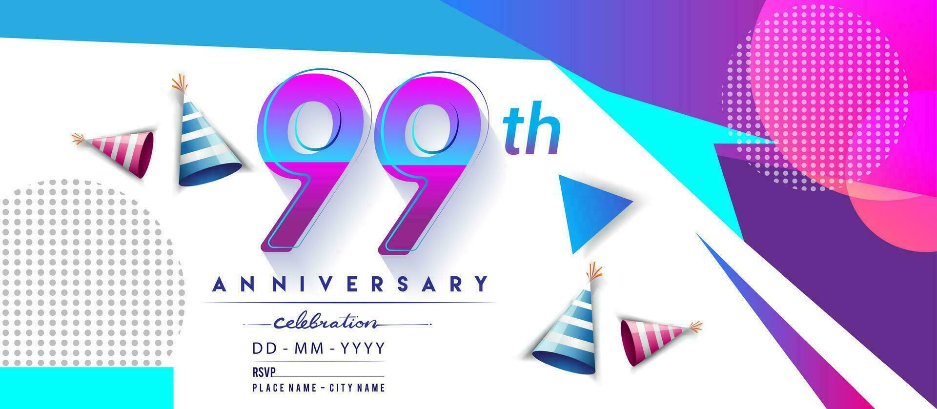 99th years anniversary logo, vector design birthday celebration with colorful geometric background and circles shape.