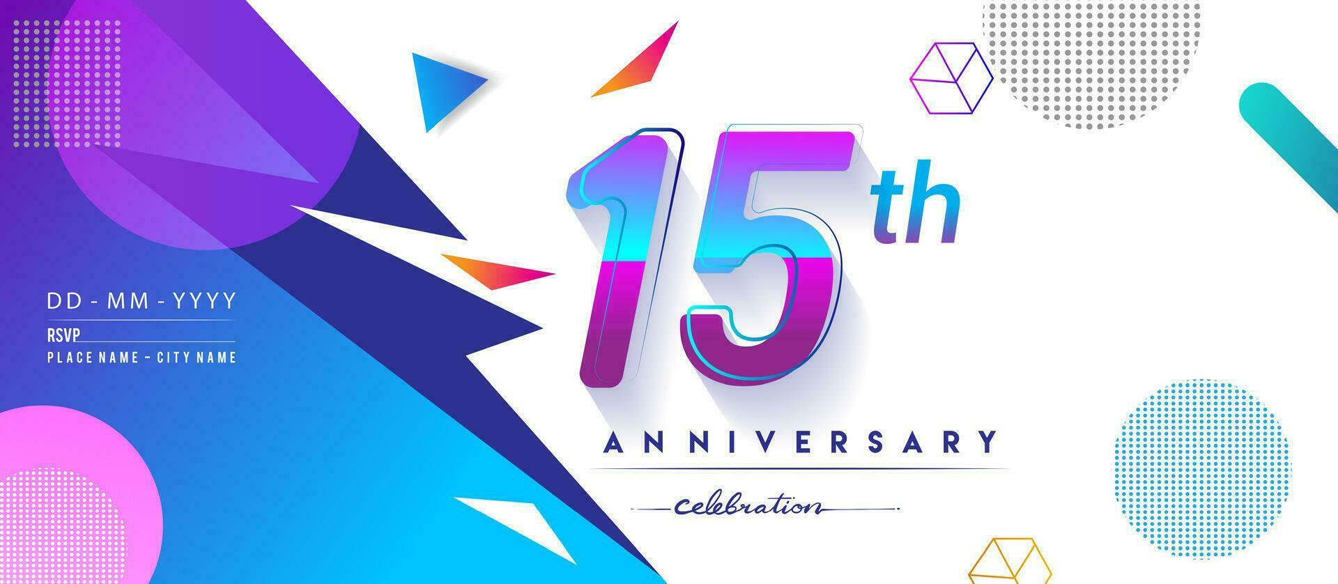 15th years anniversary logo, vector design birthday celebration with colorful geometric background and circles shape.