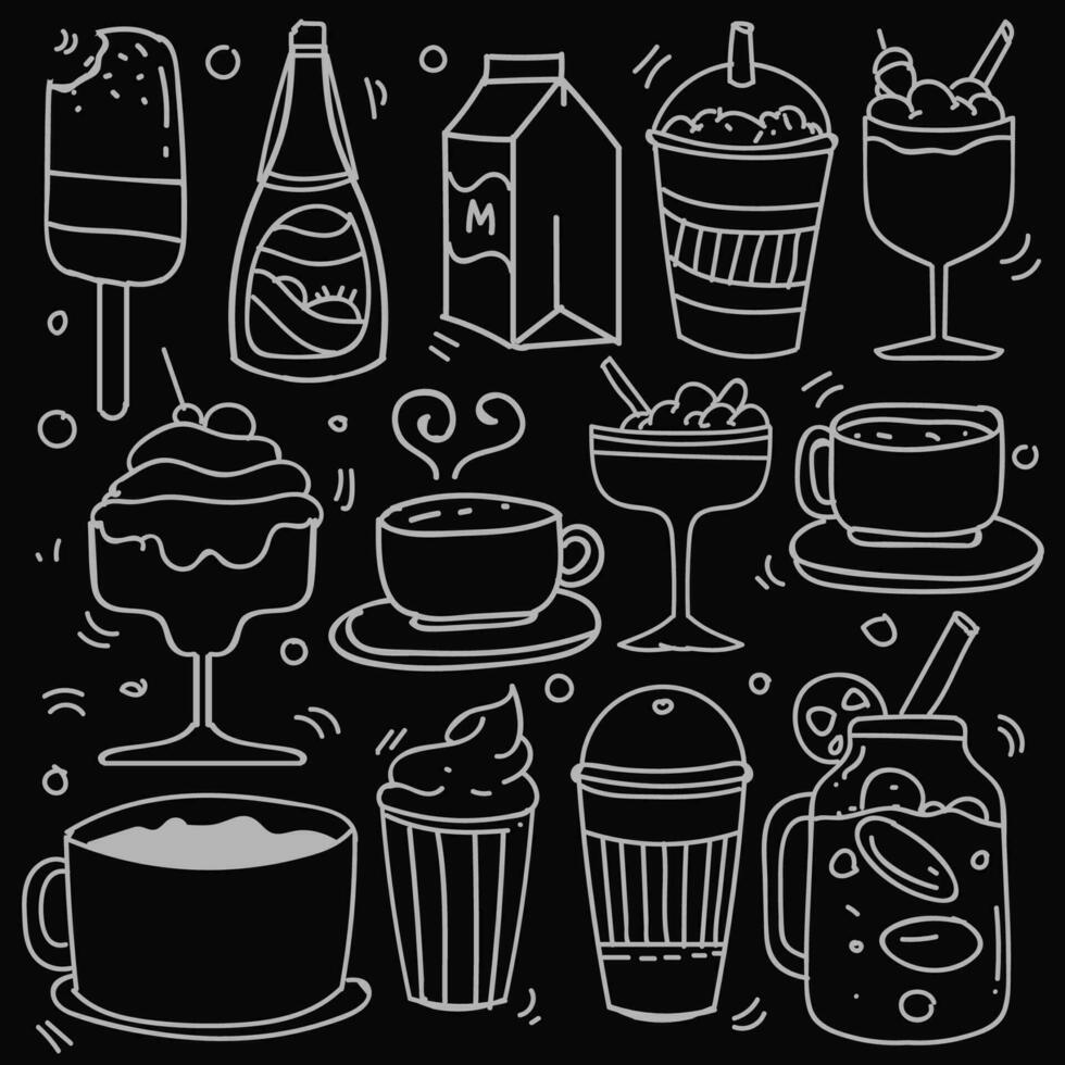 mano dibujado de bebidas en garabatear estilo aislado en negro fondo, vector mano dibujado conjunto bebidas tema. vector ilustración