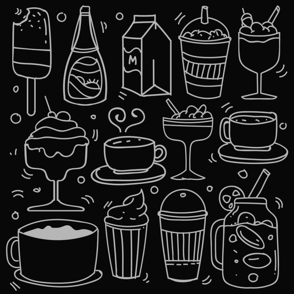 Hand drawn of beverages in doodle style isolated on black background, Vector hand drawn set beverages theme. Vector illustration