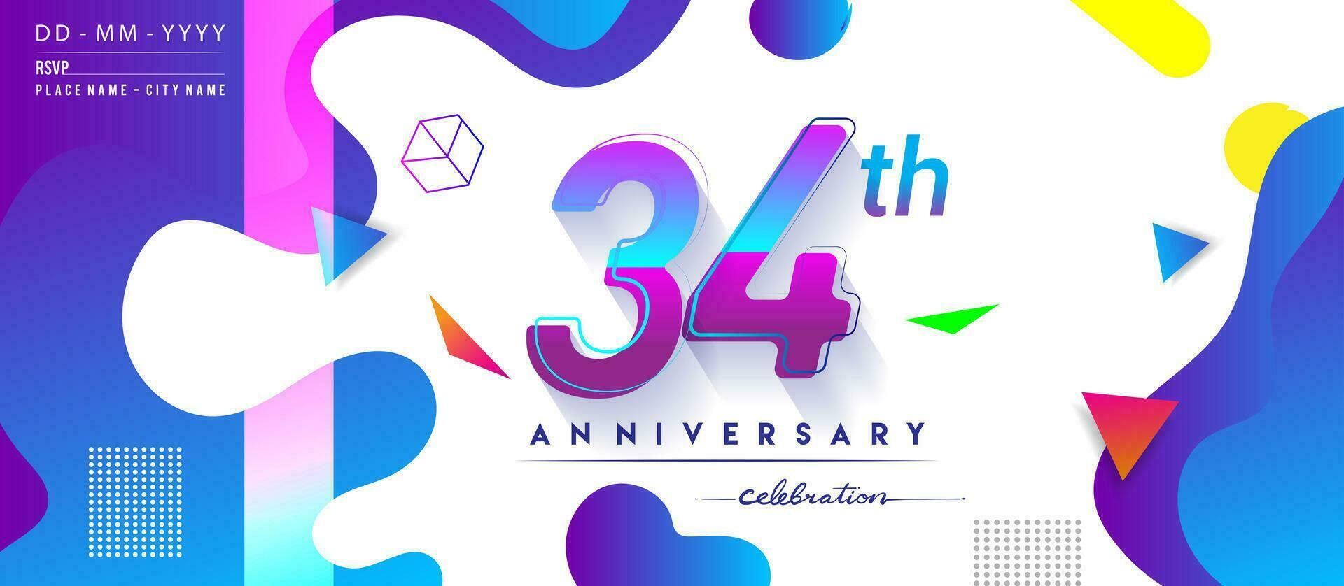 34th years anniversary logo, vector design birthday celebration with colorful geometric background and circles shape.