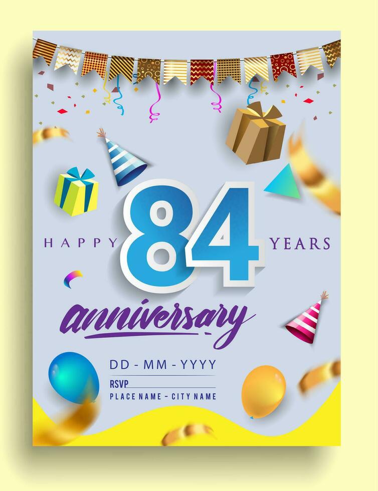 84º años aniversario invitación diseño, con regalo caja y globos, cinta, vistoso vector modelo elementos para cumpleaños celebracion fiesta.