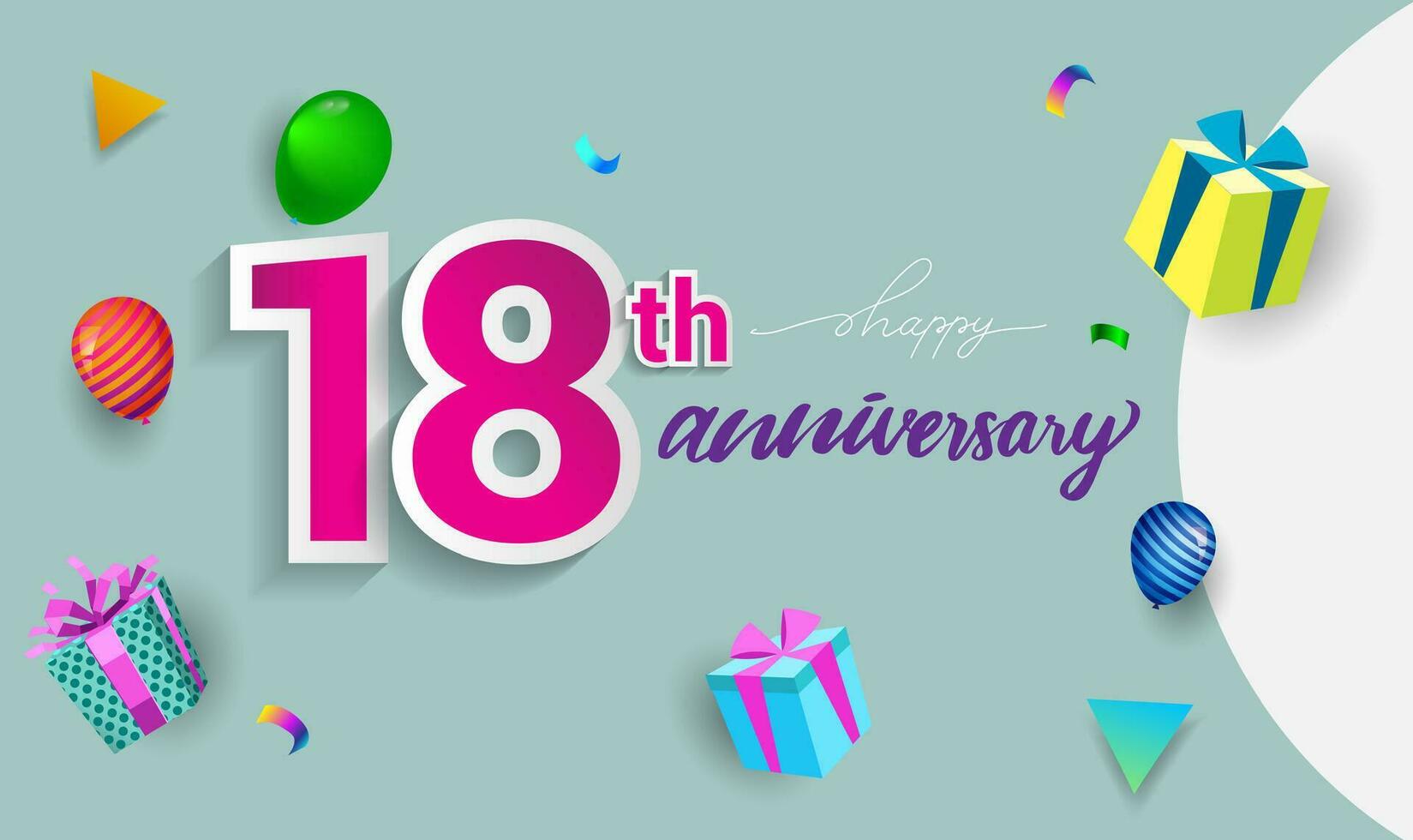 18 años aniversario celebracion diseño, con regalo caja y globos, cinta, vistoso vector modelo elementos para tu cumpleaños celebrando fiesta.