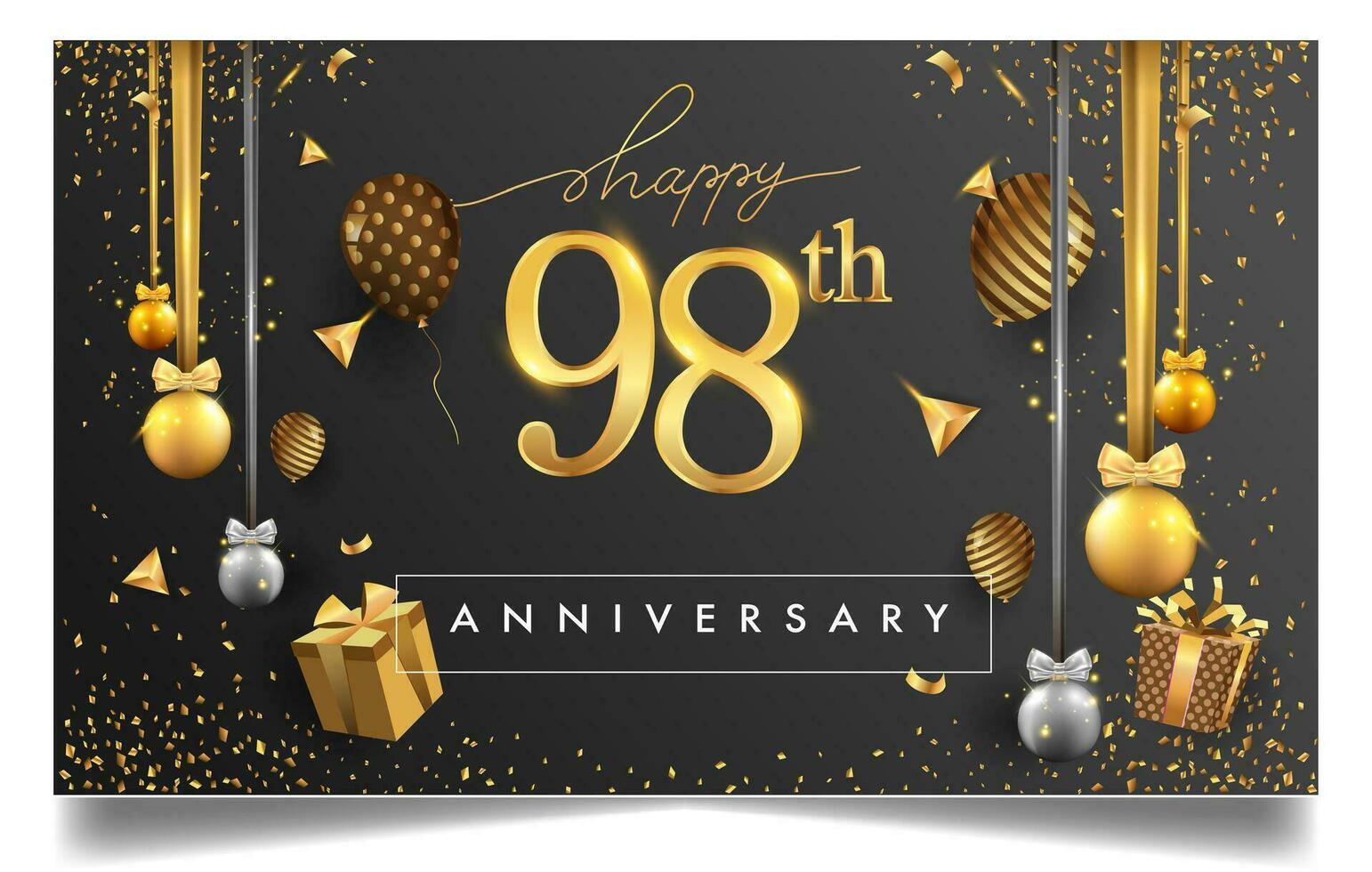90 años aniversario diseño para saludo tarjetas y invitación, con globo, papel picado y regalo caja, elegante diseño con oro y oscuro color, diseño modelo para cumpleaños celebracion. vector
