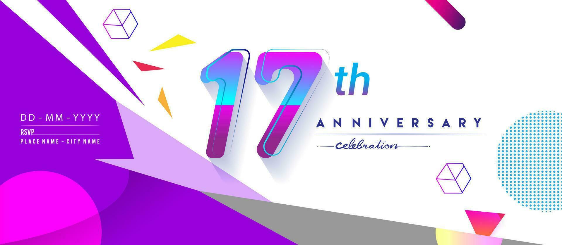 17th years anniversary logo, vector design birthday celebration with colorful geometric background and circles shape.