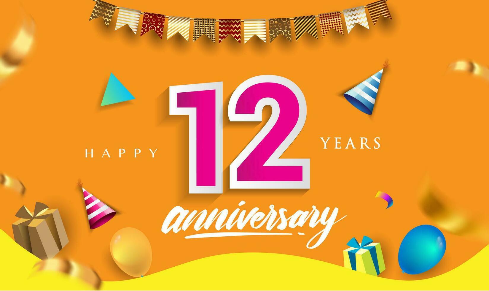 12th Years Anniversary Celebration Design, with gift box and balloons, ribbon, Colorful Vector template elements for your birthday celebrating party.