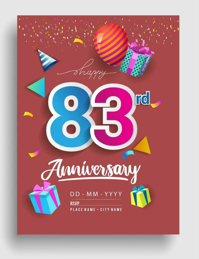 83º años aniversario invitación diseño, con regalo caja y globos, cinta, vistoso vector modelo elementos para cumpleaños celebracion fiesta.