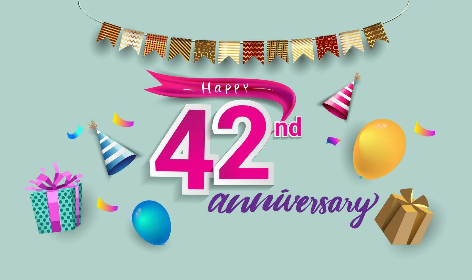 42nd Years Anniversary Celebration Design, with gift box and balloons, ribbon, Colorful Vector template elements for your birthday celebrating party.