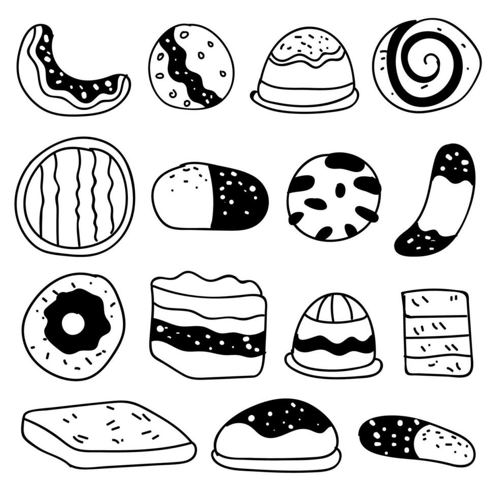 conjunto de dibujos en el tema pasteles pasteles, empanadas, pan, galletas y otro confitería productos vector ilustración
