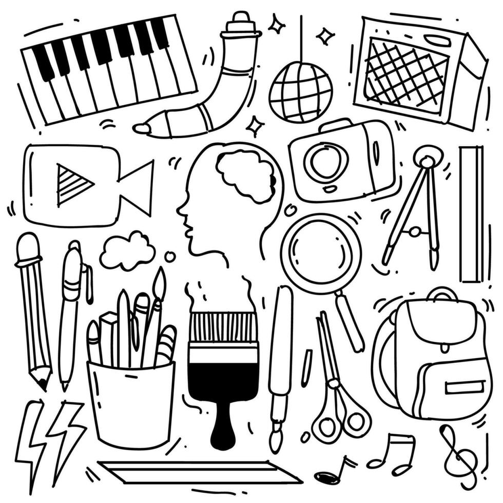 Hand drawn of creativity in doodle style isolated on white background, Vector hand drawn set creativity theme. Vector illustration