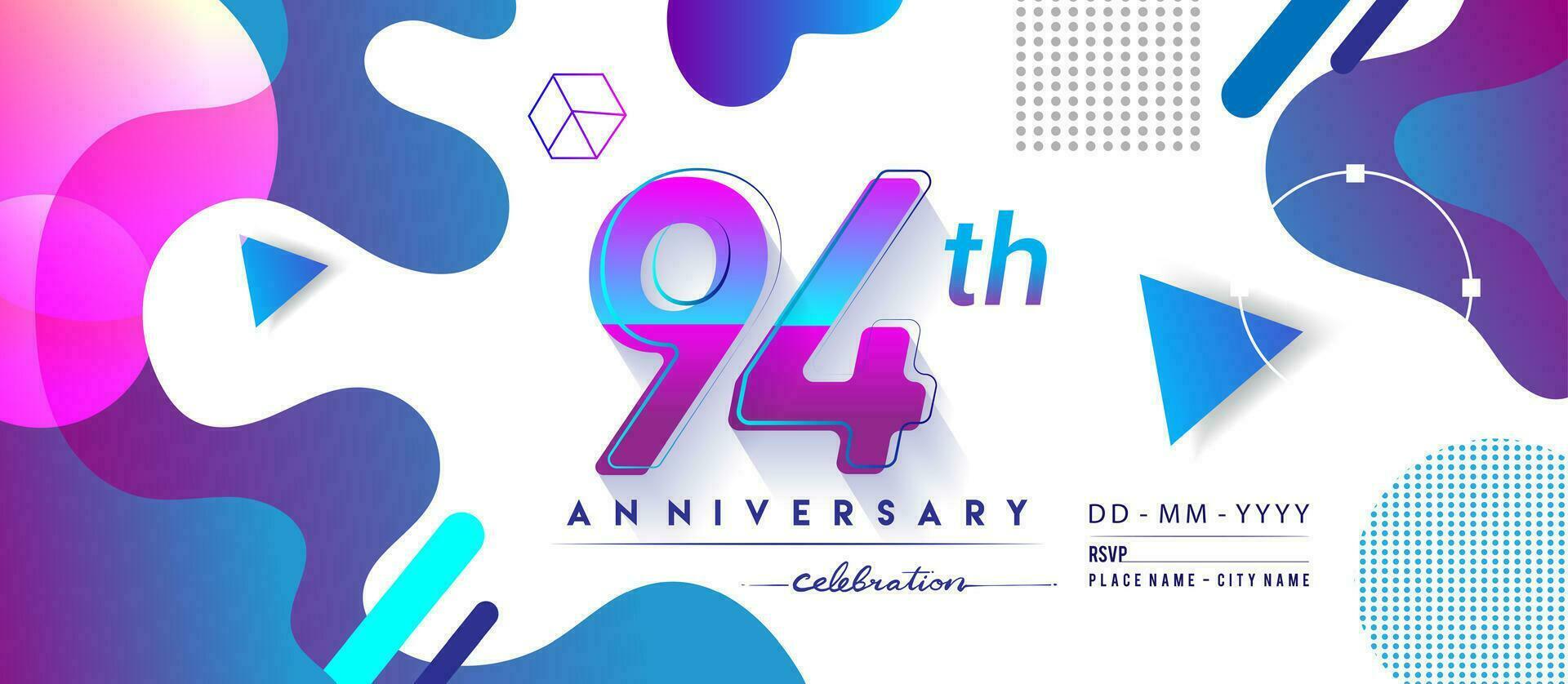 94th years anniversary logo, vector design birthday celebration with colorful geometric background and circles shape.