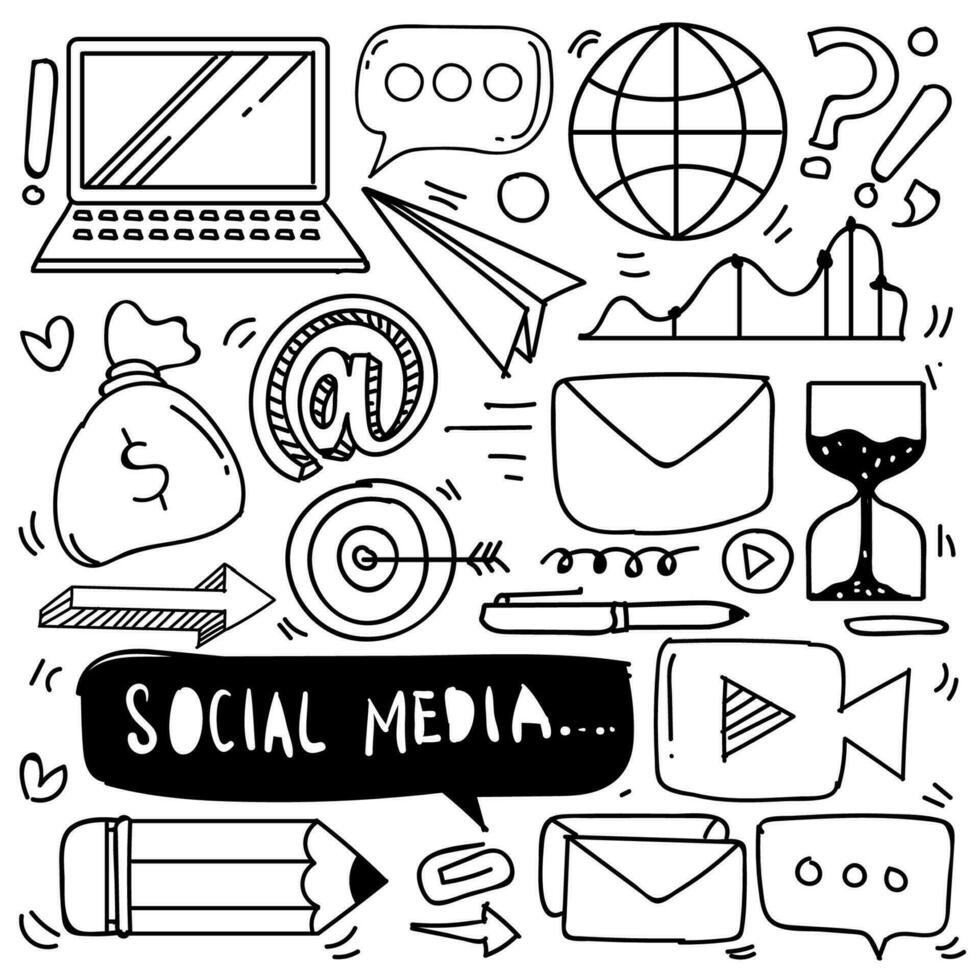 conjunto de social medios de comunicación icono en garabatear estilo aislado en blanco fondo, vector mano dibujado conjunto social medios de comunicación tema. vector ilustración