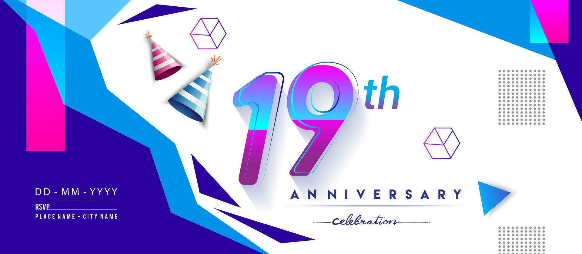 19th years anniversary logo, vector design birthday celebration with colorful geometric background and circles shape.
