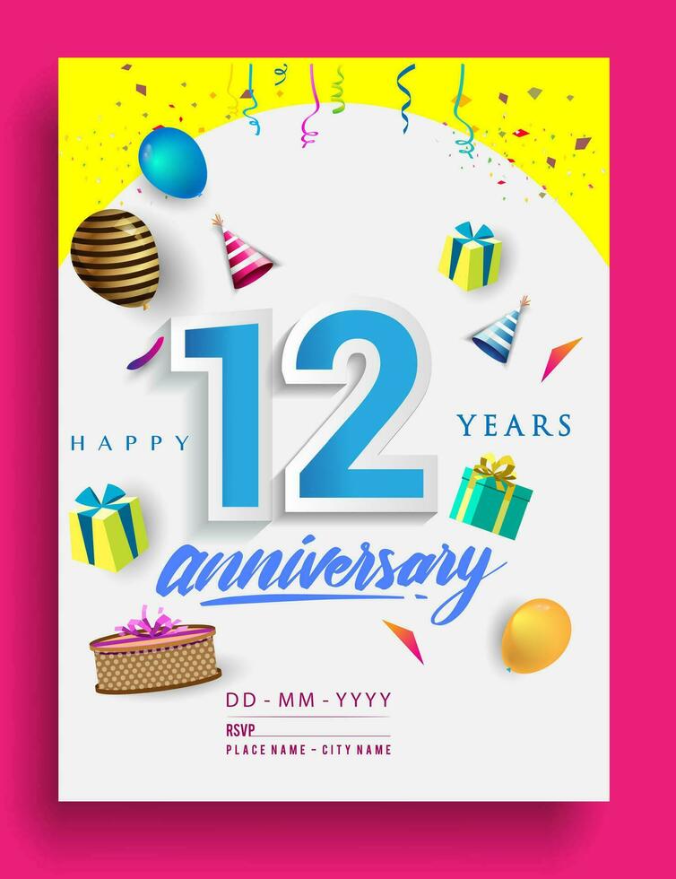 12th Years Anniversary invitation Design, with gift box and balloons, ribbon, Colorful Vector template elements for birthday celebration party.