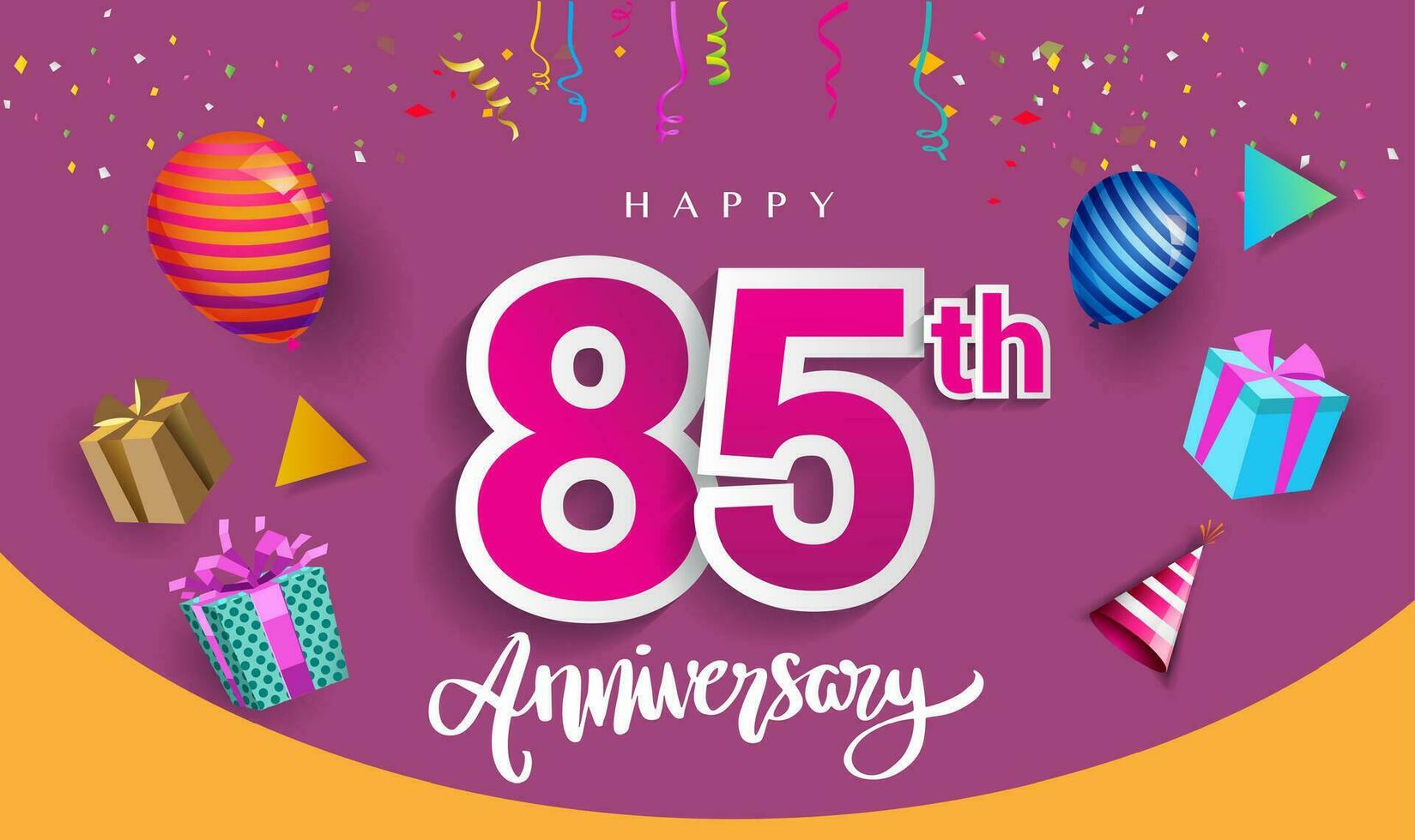 85º años aniversario celebracion diseño, con regalo caja y globos, cinta, vistoso vector modelo elementos para tu cumpleaños celebrando fiesta.