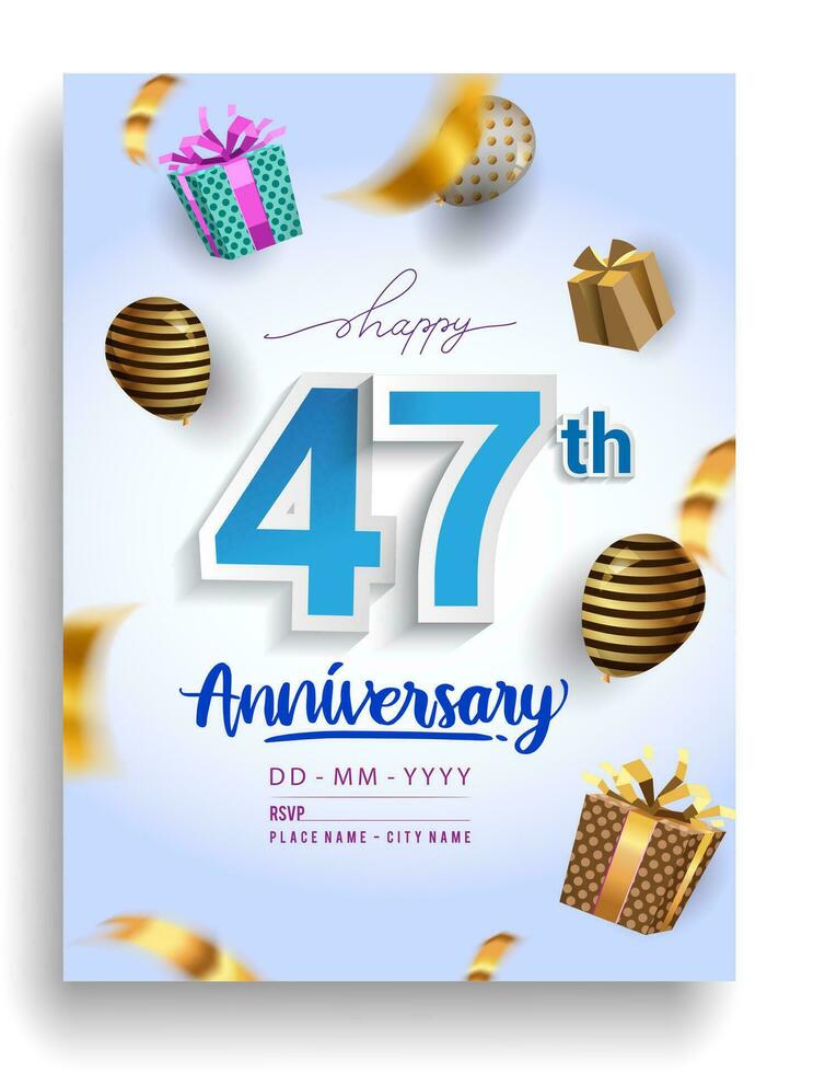 47th Years Anniversary invitation Design, with gift box and balloons, ribbon, Colorful Vector template elements for birthday celebration party.