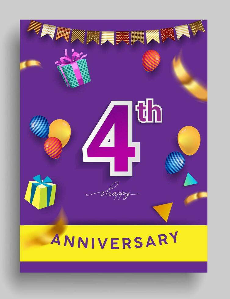 4th Years Anniversary invitation Design, with gift box and balloons, ribbon, Colorful Vector template elements for birthday celebration party.