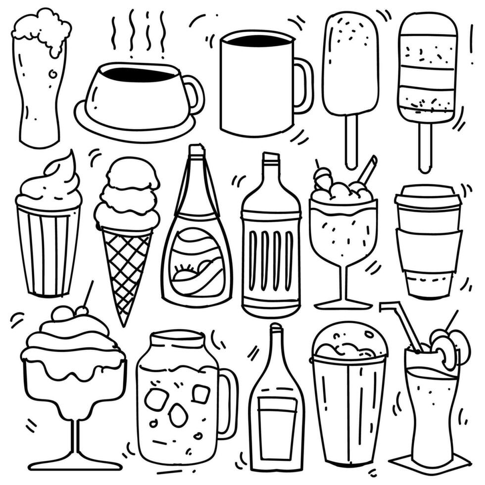 Hand drawn of beverages in doodle style isolated on white background, Vector hand drawn set beverages theme. Vector illustration