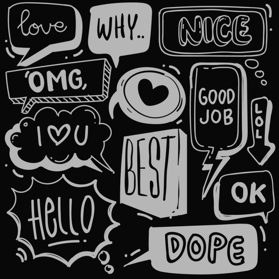 Set of cute speech bubble in doodle style isolated on black background, Vector hand drawn set speech bubble theme. Vector illustration