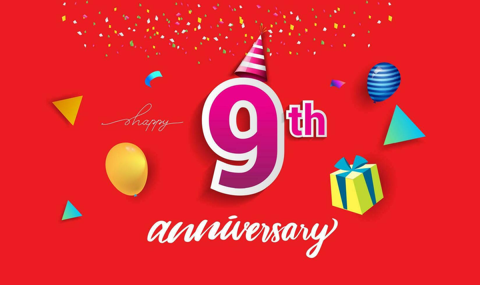 Noveno años aniversario celebracion diseño, con regalo caja y globos, cinta, vistoso vector modelo elementos para tu cumpleaños celebrando fiesta.