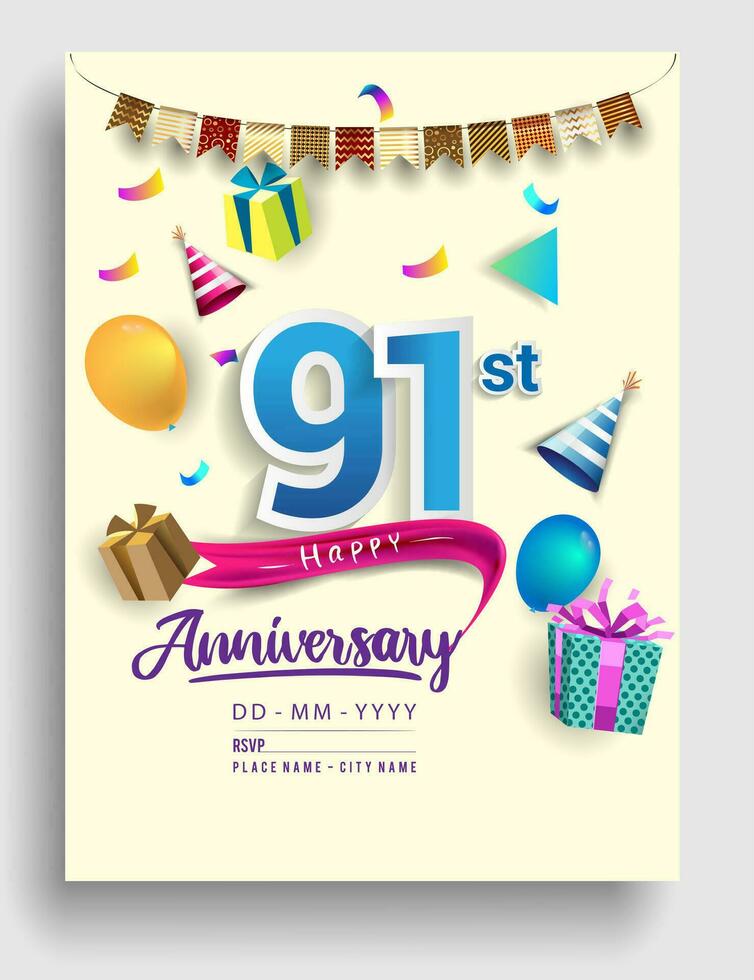 91 años aniversario invitación diseño, con regalo caja y globos, cinta, vistoso vector modelo elementos para cumpleaños celebracion fiesta.