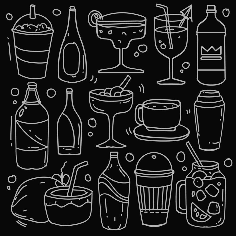 Hand drawn of beverages in doodle style isolated on black background, Vector hand drawn set beverages theme. Vector illustration