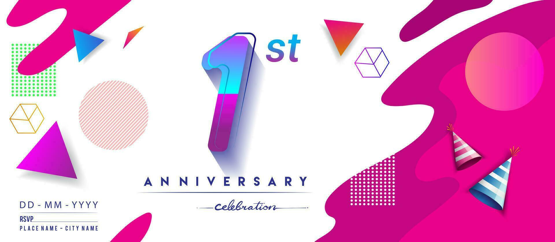 Primero año aniversario logo, vector diseño cumpleaños celebracion con vistoso geométrico antecedentes y círculos forma.