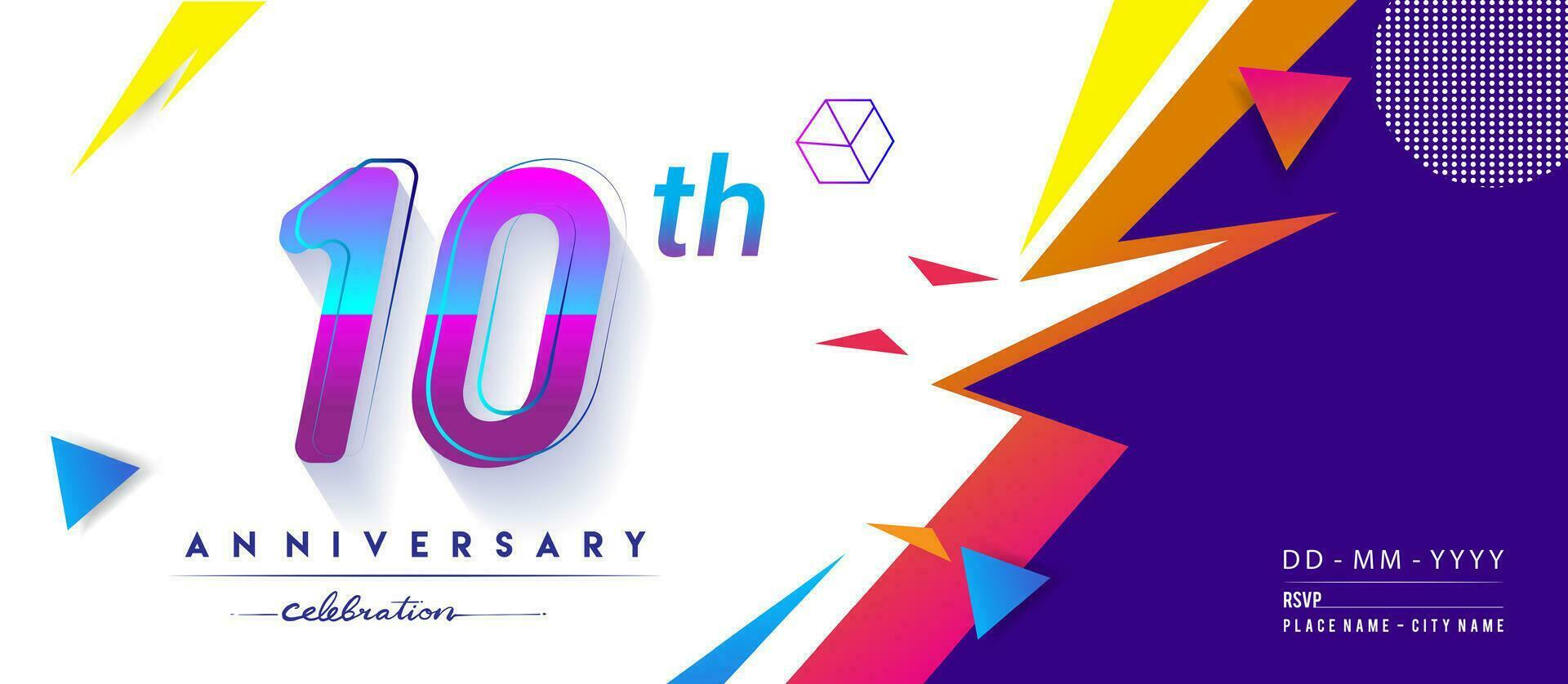 10 años aniversario logo, vector diseño cumpleaños celebracion con vistoso geométrico antecedentes y círculos forma.