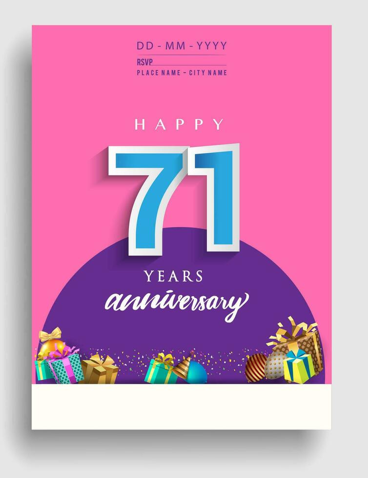 71 años aniversario invitación diseño, con regalo caja y globos, cinta, vistoso vector modelo elementos para cumpleaños celebracion fiesta.