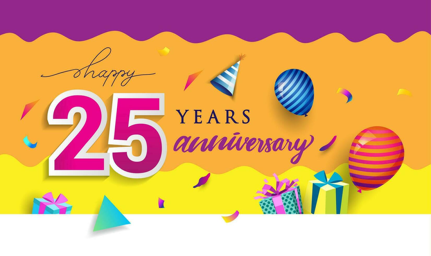 25th Years Anniversary Celebration Design, with gift box and balloons, ribbon, Colorful Vector template elements for your birthday celebrating party.