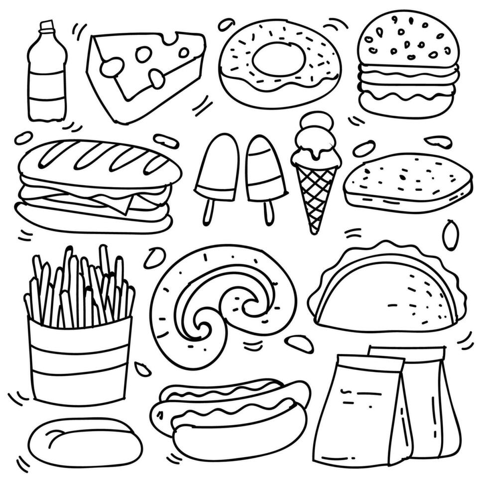 conjunto de mano dibujado comida aislado en blanco fondo, garabatear conjunto de rápido alimento. vector ilustración