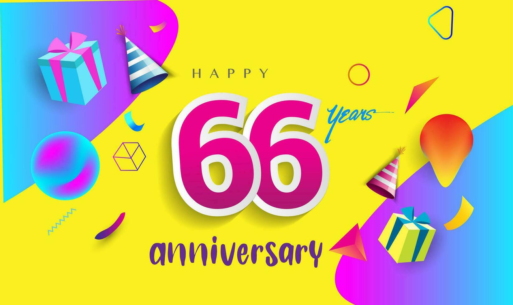 66th Years Anniversary Celebration Design, with gift box and balloons, ribbon, Colorful Vector template elements for your birthday celebrating party.