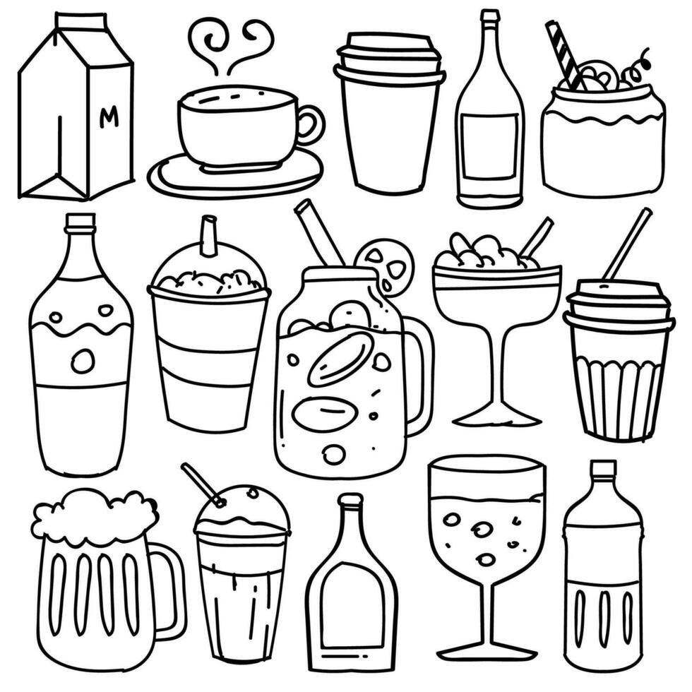 Hand drawn of beverages in doodle style isolated on white background, Vector hand drawn set beverages theme. Vector illustration