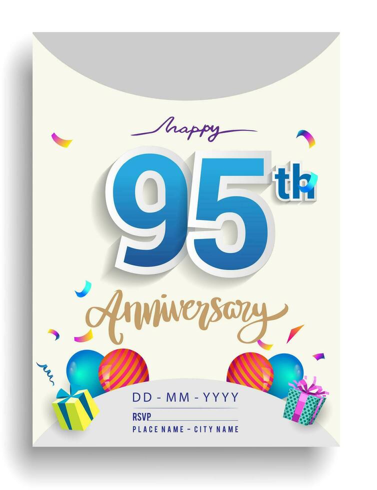 95th Years Anniversary invitation Design, with gift box and balloons, ribbon, Colorful Vector template elements for birthday celebration party.