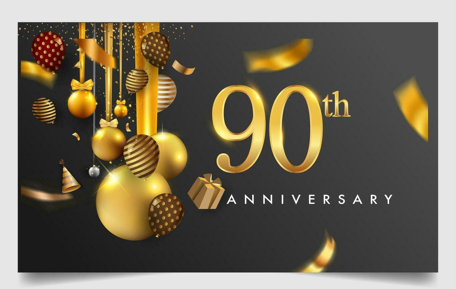 90 años aniversario diseño para saludo tarjetas y invitación, con globo, papel picado y regalo caja, elegante diseño con oro y oscuro color, diseño modelo para cumpleaños celebracion. vector