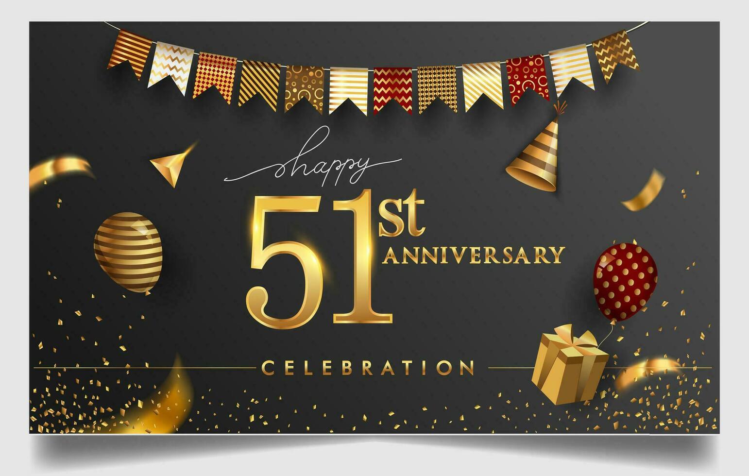 50th years anniversary design for greeting cards and invitation, with balloon, confetti and gift box, elegant design with gold and dark color, design template for birthday celebration. vector