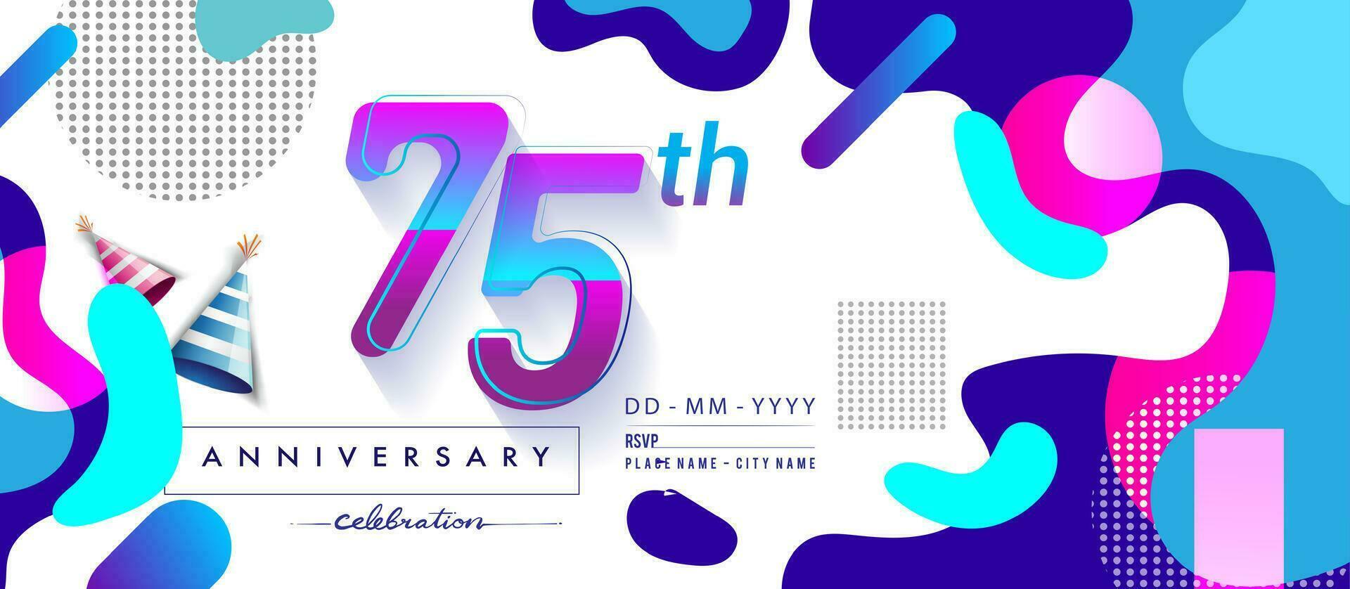 75th years anniversary logo, vector design birthday celebration with colorful geometric background and circles shape.