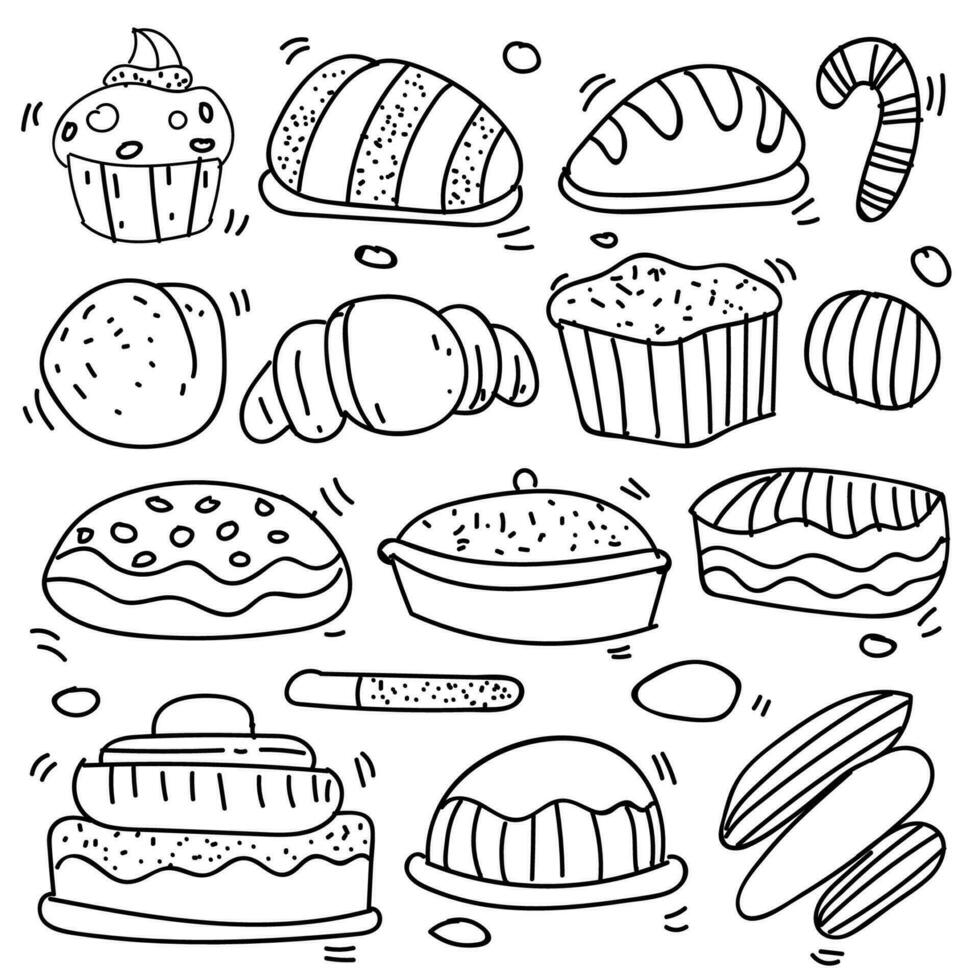 Set of drawings on the theme cakes. Cakes, pies, bread, biscuits and other confectionery products. vector illustration