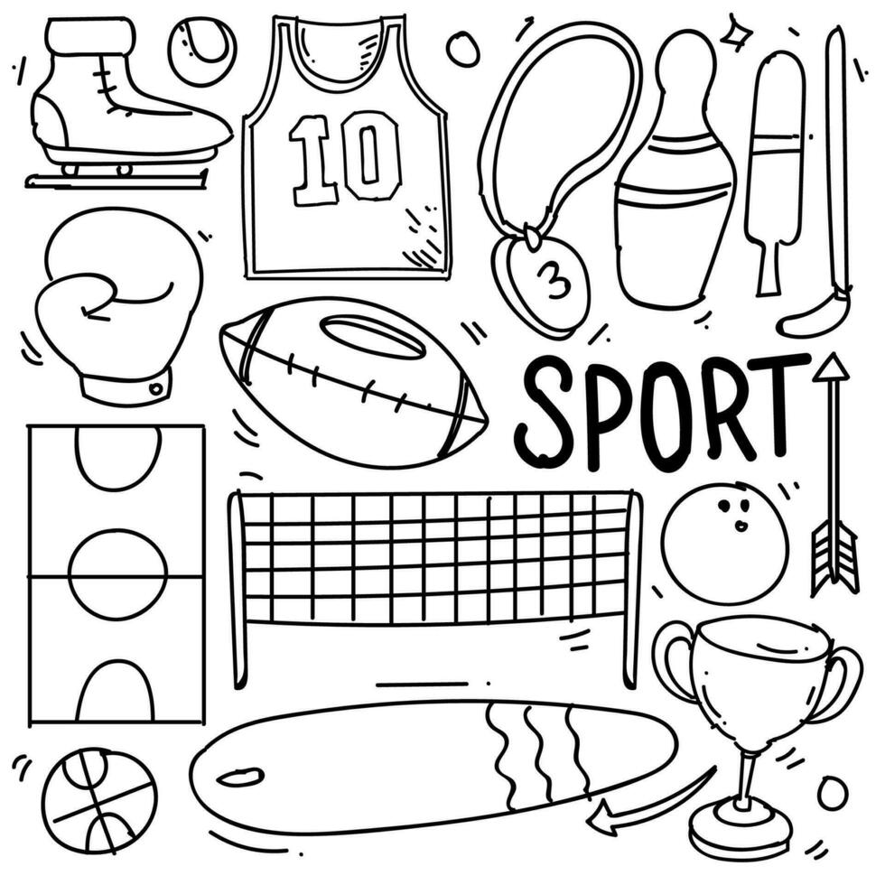 Set of hand drawn sport theme isolated on white background, doodle set of sport theme. Vector illustration