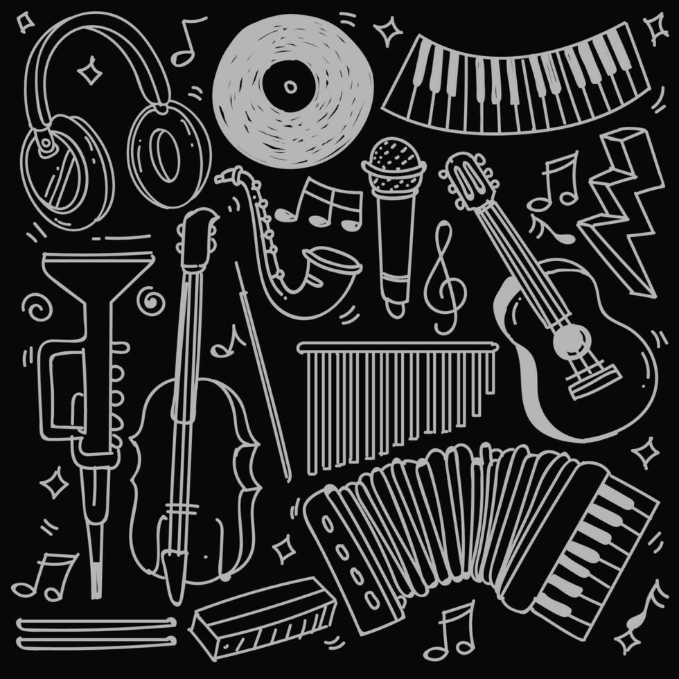 Set of hand drawn music theme isolated on black background, doodle set of Musical Instruments theme. Vector illustration