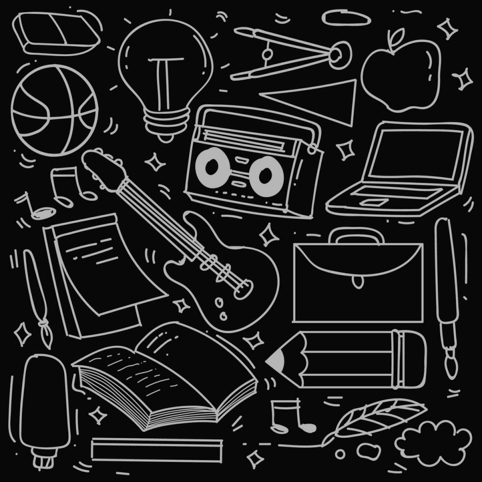 Hand drawn of creativity in doodle style isolated on black background, Vector hand drawn set creativity theme. Vector illustration