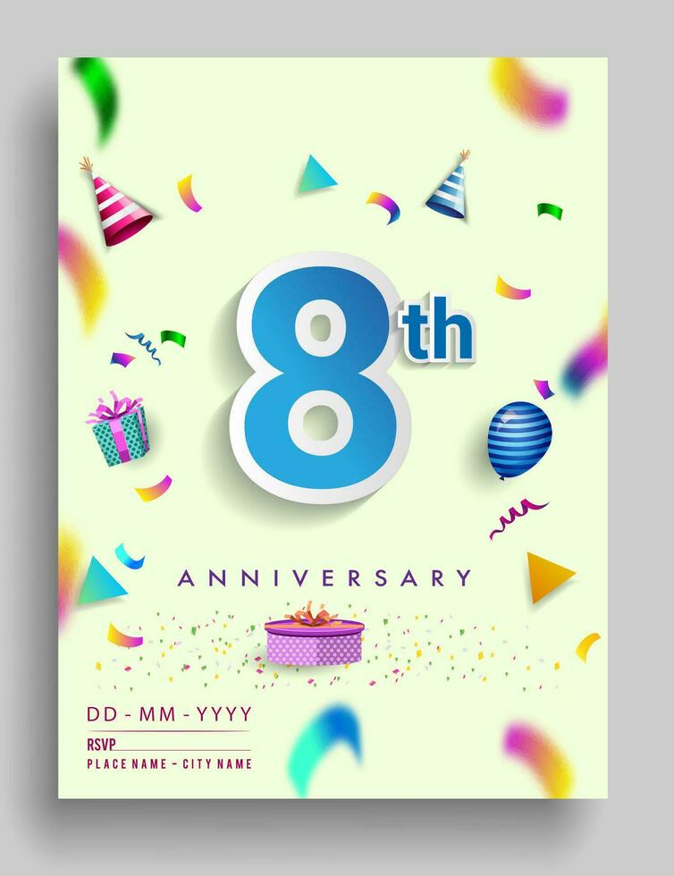 10 años aniversario invitación diseño, con regalo caja y globos, cinta, vistoso vector modelo elementos para cumpleaños celebracion fiesta.